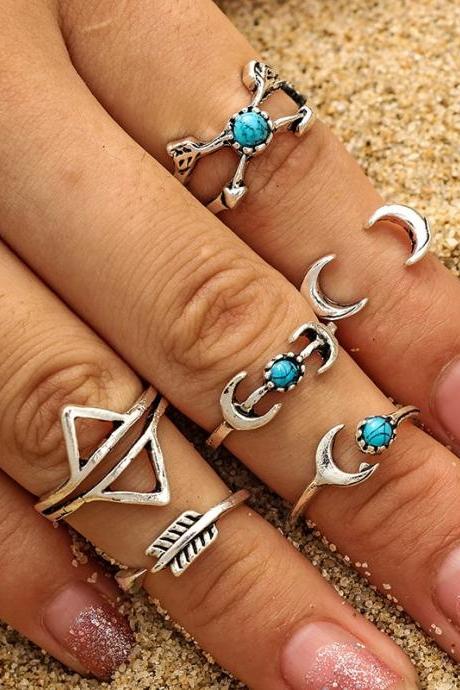 6 Pieces Women's Ring Set Simple Retro Moon Tophus Elegant Accessories