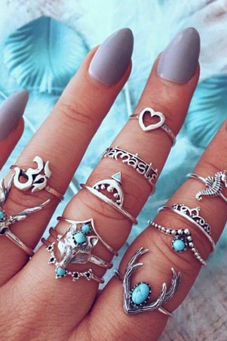 12pcs/set Vintage Blue Crystal Rings Set For Women Silver Lotus Feather Boho Midi Knuckle Rings Statement Fashion Jewelr