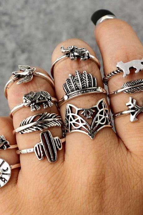 12 Pieces Women's Fashion Rings Retro Alloy Suit Leaf Fox Elephant Ring Set
