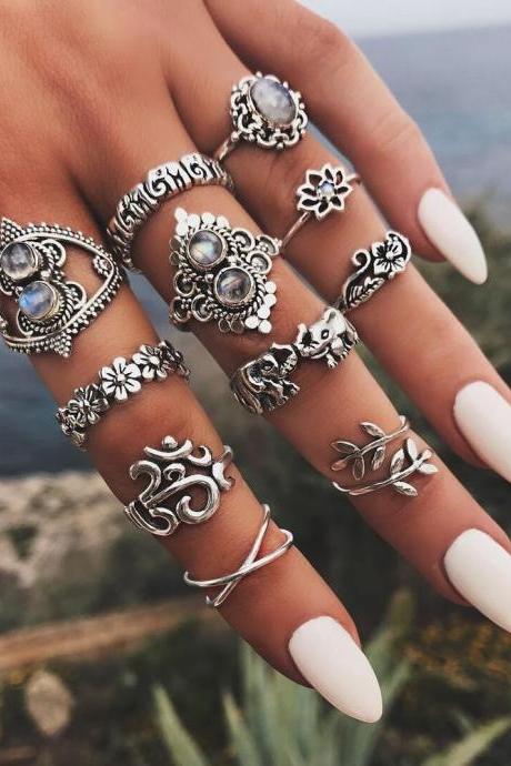 11 Pieces Women's Fashion Rings Elephant Lotus Vintage Ring Set