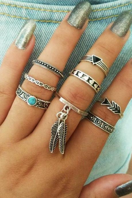 8 Pieces Women's Fashion Ring Antique Bohemian Leaf Ring Set