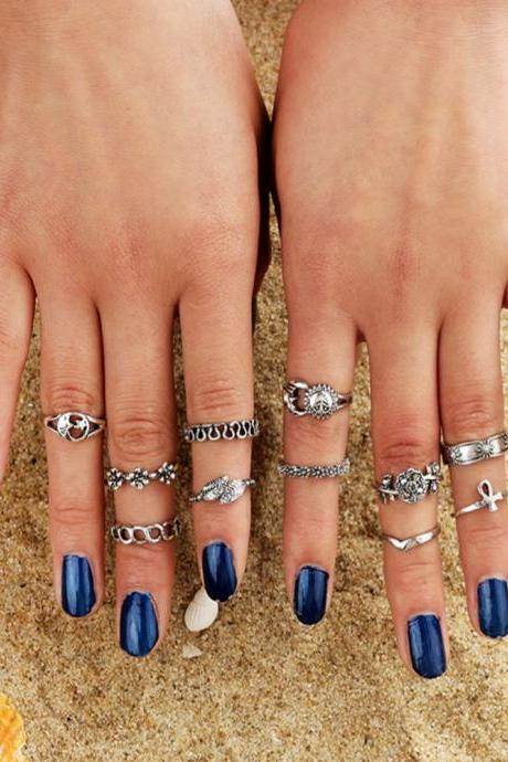 11 Pieces Women's Fashion Rings Retro Sun Moon Flower Wave Ring Set