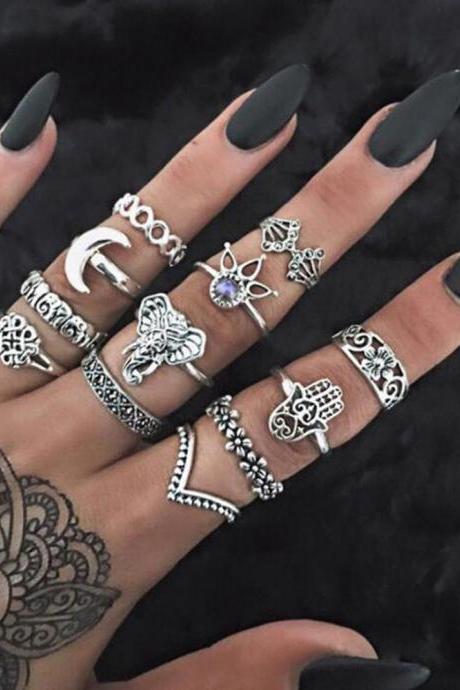 13 Pieces Women's Fashion Rings Retro Crown Jewel Palm Elephant Ring Set