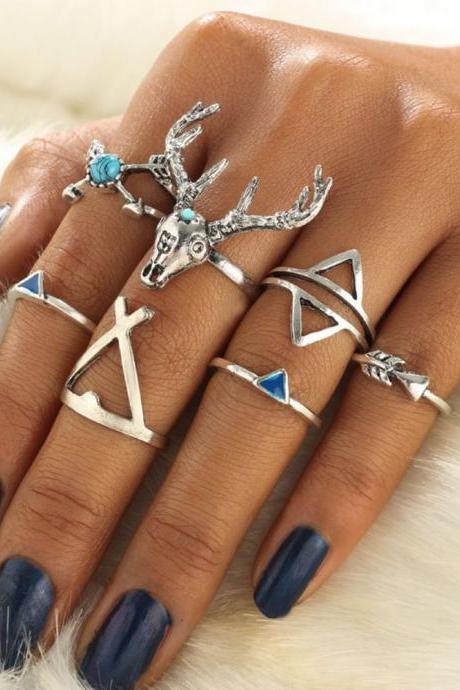 7 Pieces Women's Fashion Ring Alloy Goat Elk Head Arrow Turquoise Ring Set