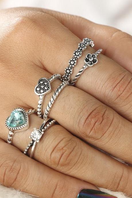 6 Pieces Women's Ring Set Simple Retro Heart Flower Rhinestone Elegant Accessories