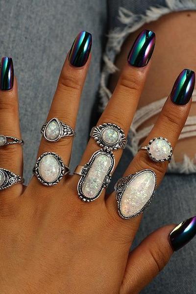 8 Pieces Women's Ring Set Retro Geometry Imitation Gemstone Elegant Accessories