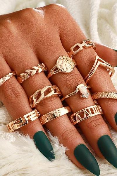 11 Pieces Women's Ring Set Fashion Rhinestone Geometry Elegant Accessories
