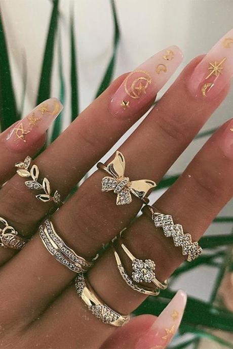 7 Pieces Women's Ring Set Creative Imitation Rhinestone Leaf Butterfly Ring Set