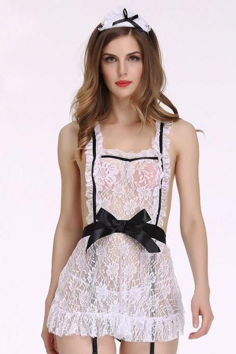 Women Sexy Lingerie Servant Girl Housemaid Lace Babydoll Backless COSPLAY Cloth With G-string hairband set