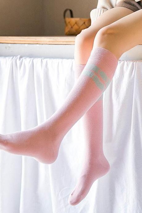 Fashion Stripe Colorful Happy Harajuku Woman Knee High Heap Pile Socks-pink