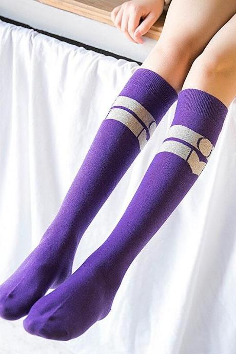 Fashion Stripe Colorful Happy Harajuku Woman Knee High Heap Pile Socks-purple