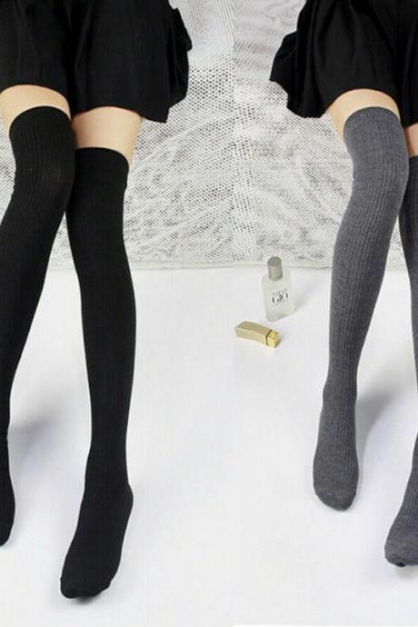 1 Pair Women Girl Over Knee High Socks Spring Autumn Winter Warm Knit Soft Thigh High Long Socks Solid Color Loose Stockings