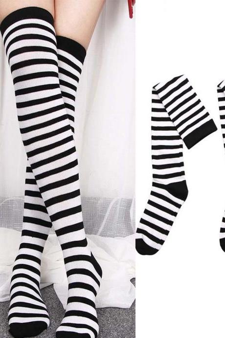 Black White Striped Long Stocking Women Warm Cotton Over The Knee Socks