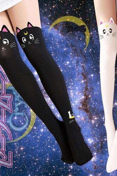 Anime Sailor Moon Cosplay Luna Cat Pattern Pantyhose Socks Stockings kawaii Girls Long Socks Tights