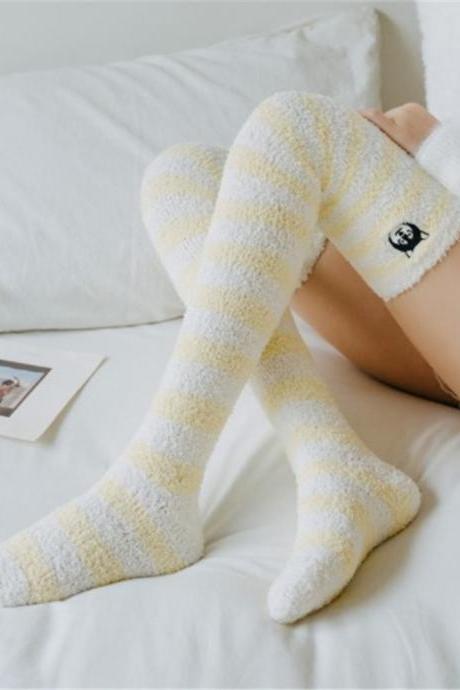 New Arrival Fashion Striped Over Knee Socks Coral Velvet Warm Sexy High Socks Quality Fabric Winter Cold Thickening Sleep Socks-1
