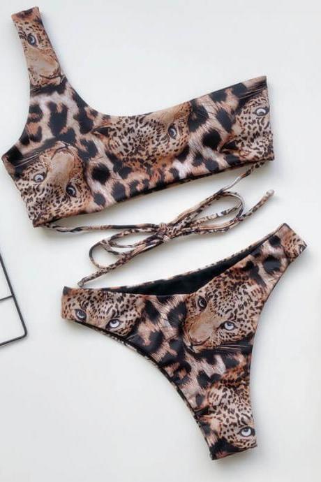 Leopard One Shoulder Bandeau Thong Bottom Bikinis