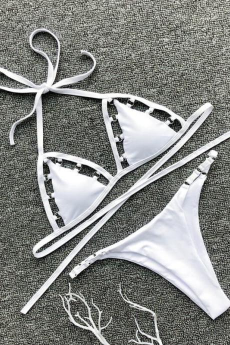 Halter Bandeau Plain Cutout Thong Bottom Bikinis