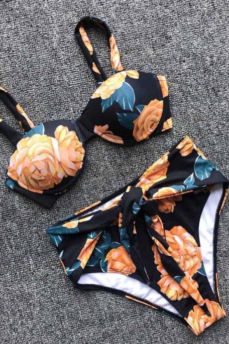 Flower Print Bandeau Padded Top Triangle Bikinis