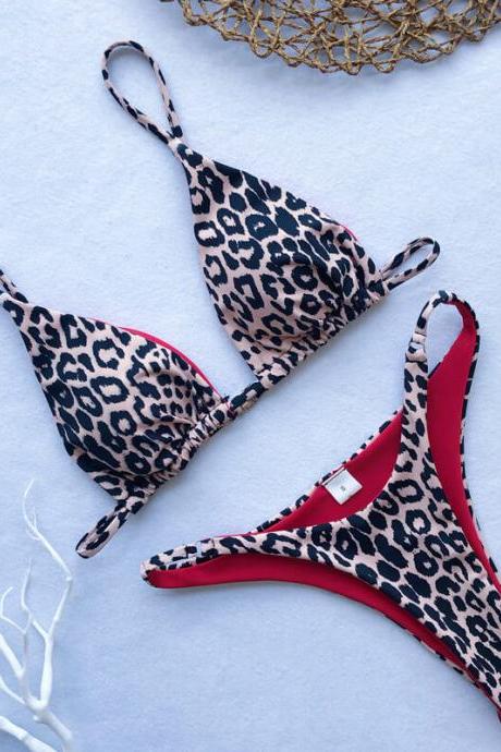 Hot Leopard Mid Rise Padded Top Thong Bottom Bikinis