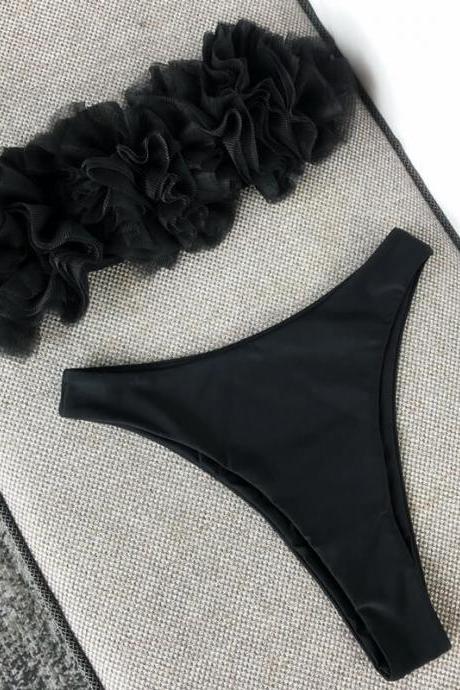 Black Mesh Plain Thong Bottom Tube Bikinis