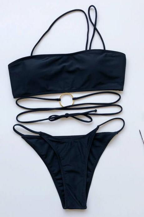 Black One Shoulder Plain Bandeau Thong Bottom Bikinis