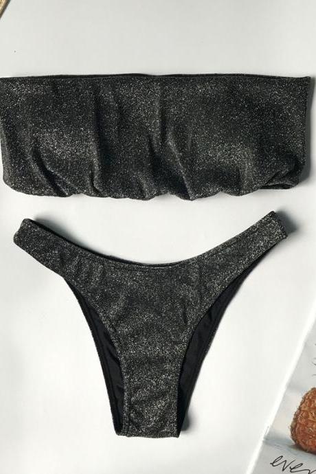 Black Sparkle Mid Rise Thong Bottom Tube Bikinis
