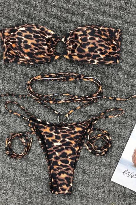 Leopard Strap Mid Rise Thong Bottom Tube Bikinis