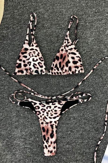 Leopard Strap Mid Rise Thong Bottom Padded Top Bikinis
