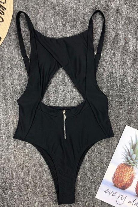 Black Plain Cutout Zipper Backless High Cut Swimsuits