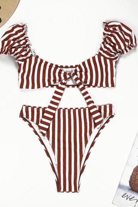Cute Stripe Flapper High Rise Thong Bottom Bikinis