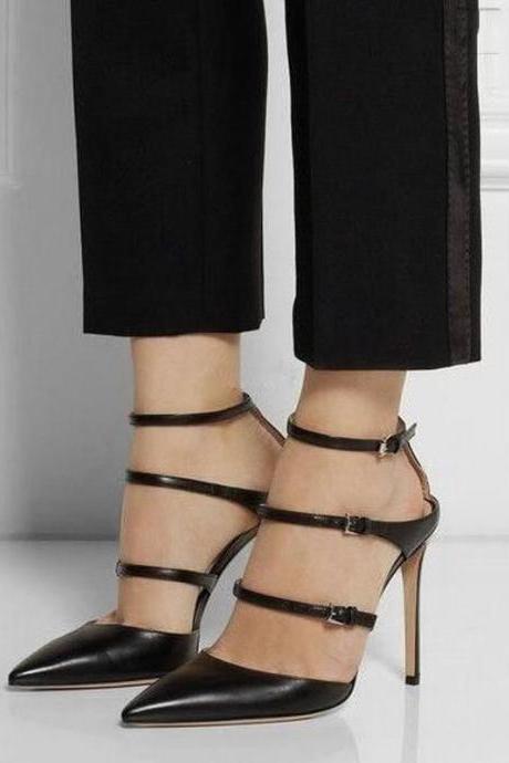 Black Leather Buckles High Heel Sandals（plus Size）