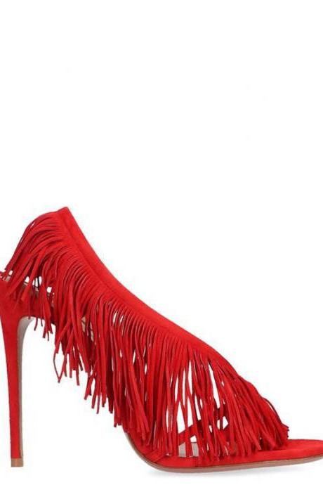 Sexy Red Fringe Suede High Heel Sandals