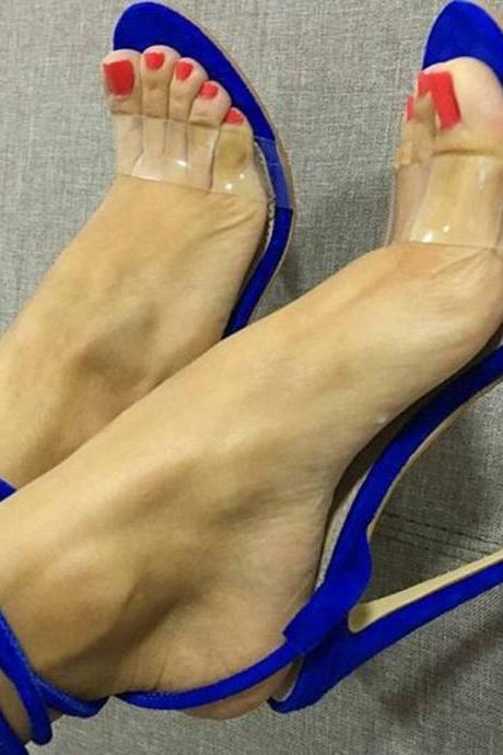 Blue Suede Clear Strap High Heel Sandals
