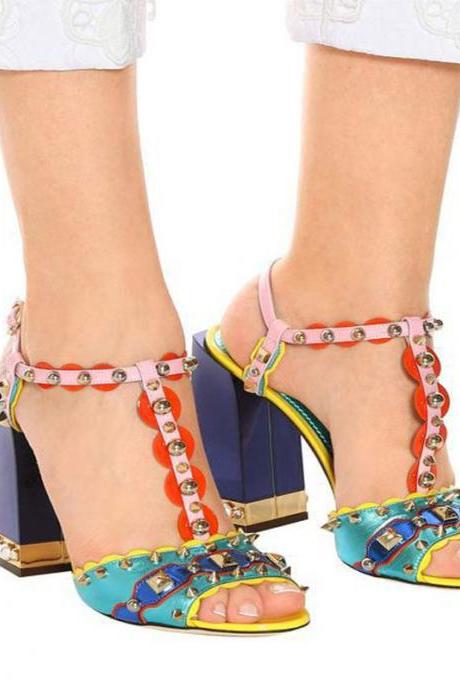 Fashion Colorblock Rivet Chunky Heel Sandals