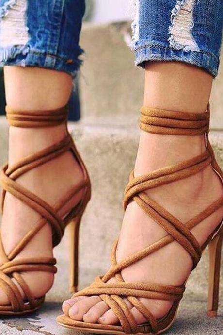 Simple Brown Cutout Open Toe High Heel Sandals