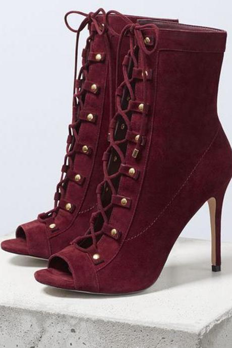 Red Suede Peep Toe Strap High Heel Ankle Boots