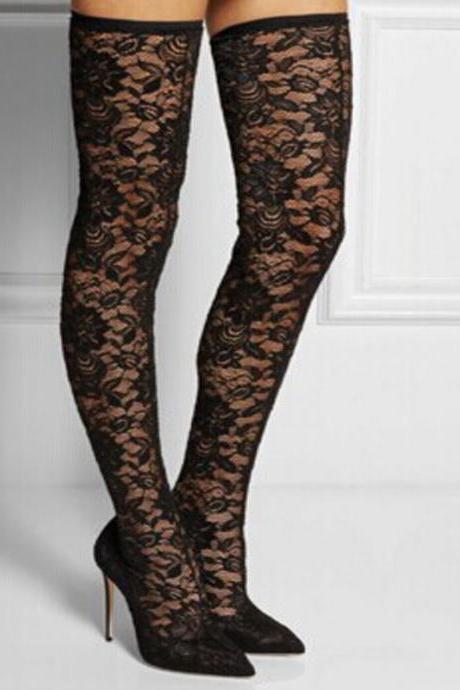 Sexy Black Lace Pointed Toe Thigh High Boots
