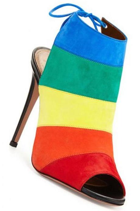 Rainbow Colorblock Suede Strap Peep Toe High Heel Sandals