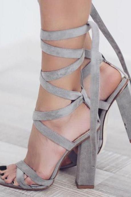 Gray Suede Strap Block High Heel Sandals