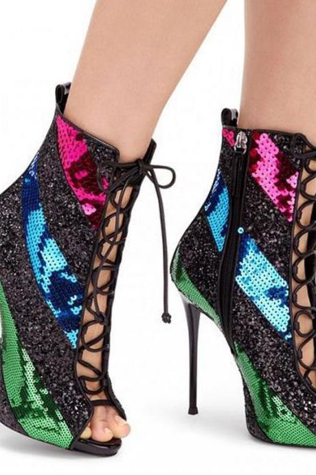 Party Color Block Sequin Strap Cutout High Heel Sandals