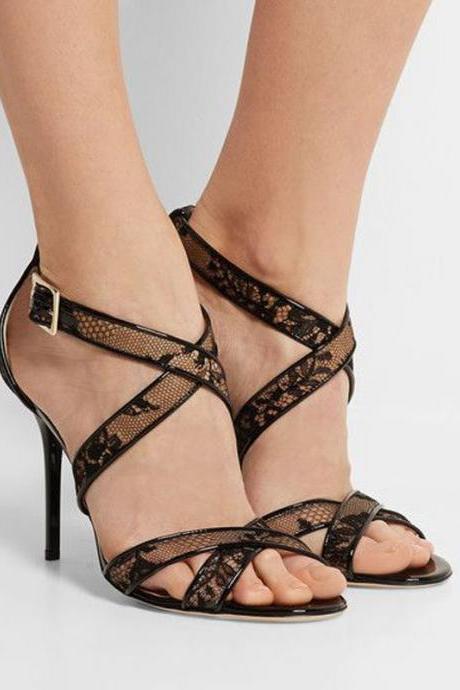 Sexy Black Lace Patchwork High Heel Sandals