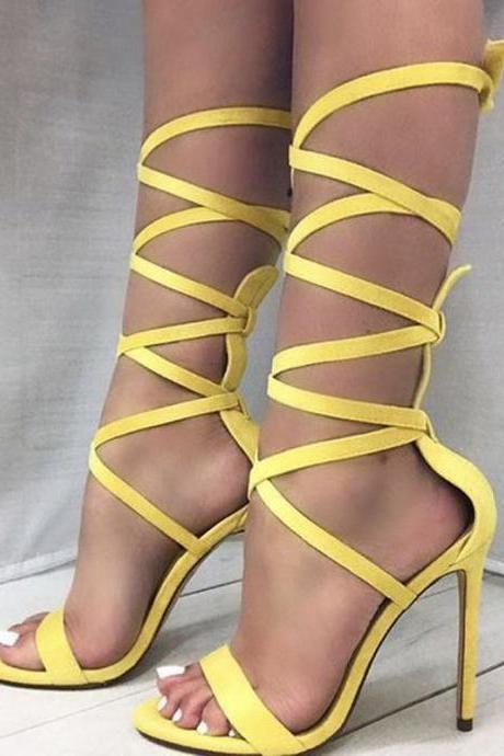 Summer Bright Color Strap Open Toe High Heel Sandals