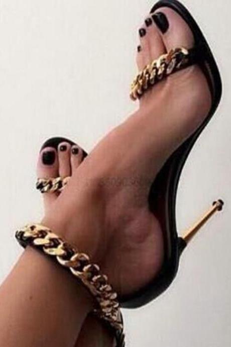 Party Black Leather Chain Open Toe High Heel Sandals