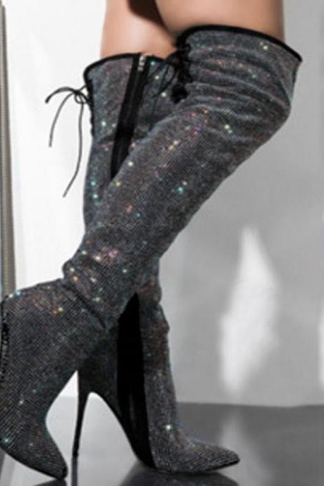 Party Rhinestone Point Toe High Heel Over Knee Boots