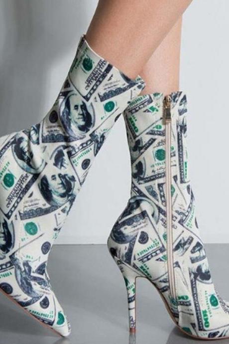 Party Dollar Print Zipper Point Toe High Heel Boots