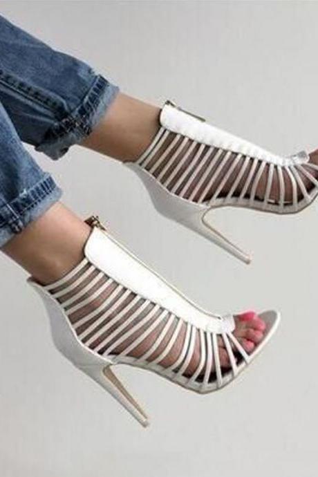 Sexy White Leather Cutout Open Toe High Heel Sandals