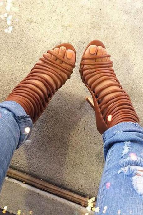 Casual Brown Leather Cutout High Heel Sandals