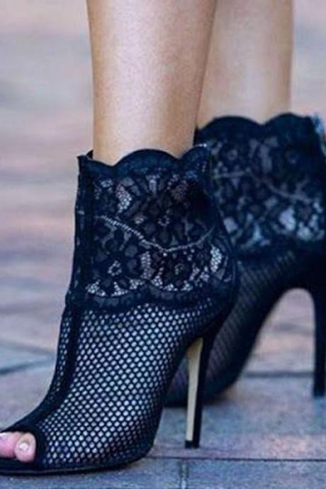 Sexy Black Lace Peep Toe High Heel Sandals