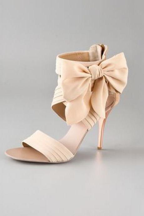 Casual Suede Nude Bow High Heel Sandals