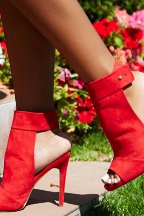 Red Suede Peep Toe Cutout High Heel Sandals